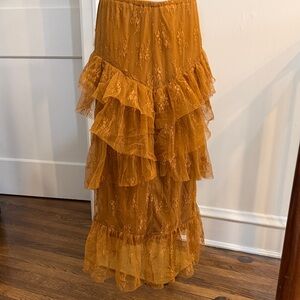 Hem & Thread Lace Tiered Maxi Skirt - Mustard